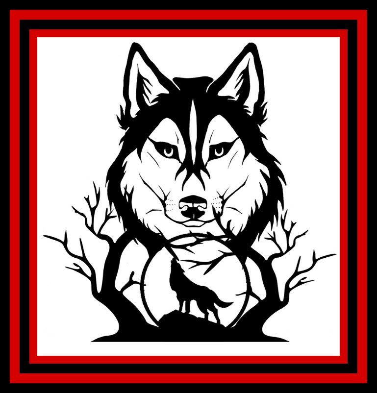 Black-and-white wolf logo with red border and bare trees