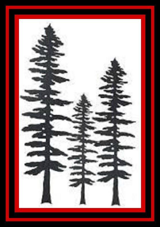 Black pine tree silhouettes on a white background with a red border