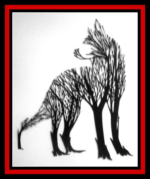 Black tree silhouettes morphing from one form to a larger standing figure on a white background.