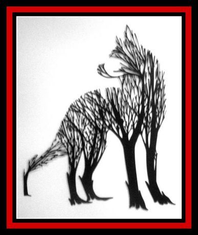 Black tree silhouettes morphing from one form to a larger standing figure on a white background.