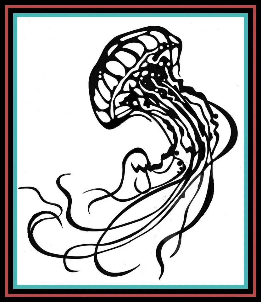 Black-and-white line drawing of a jellyfish with flowing tentacles on a white background.