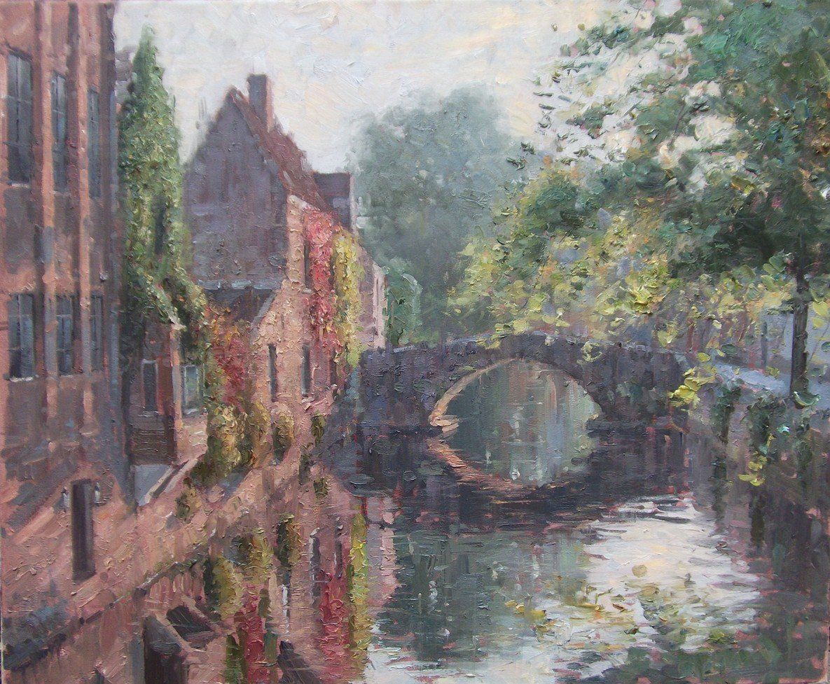 A painting of a bridge over a river with buildings in the background.