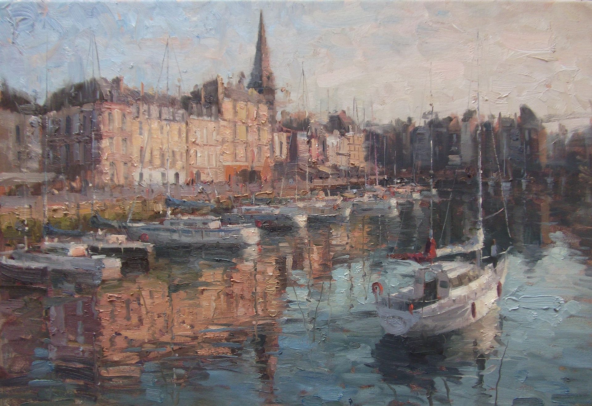 A painting of a harbor with boats and buildings in the background.