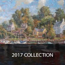 It is a painting of a harbor with boats and houses.