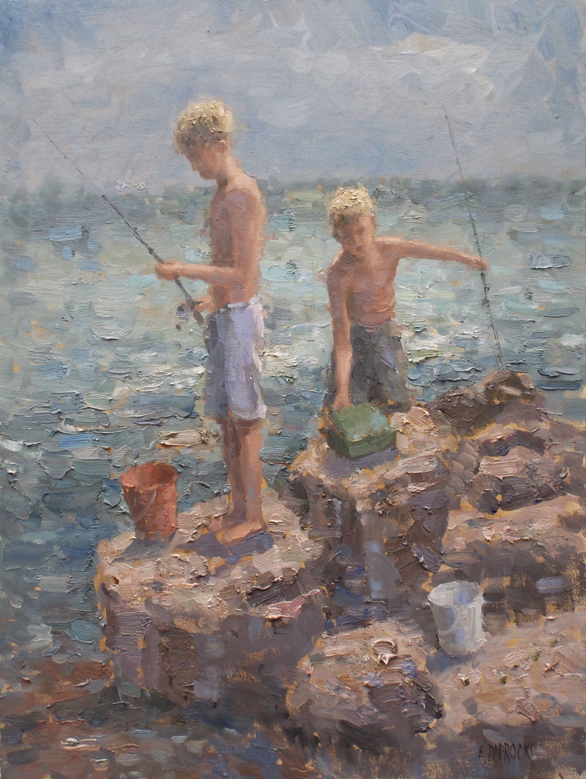 It is a painting of two boys fishing in the ocean.