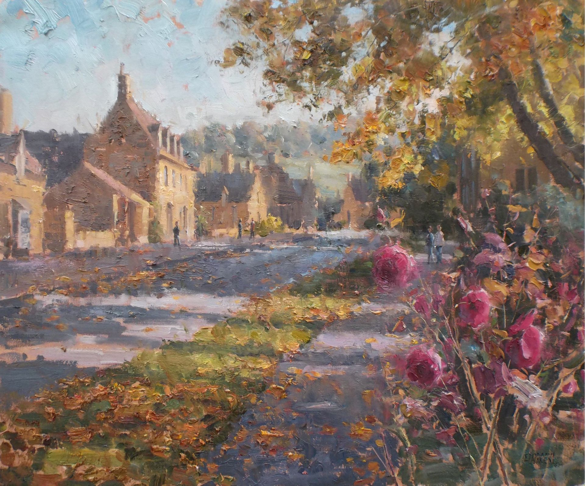 A painting of a village street with flowers in the foreground and buildings in the background.