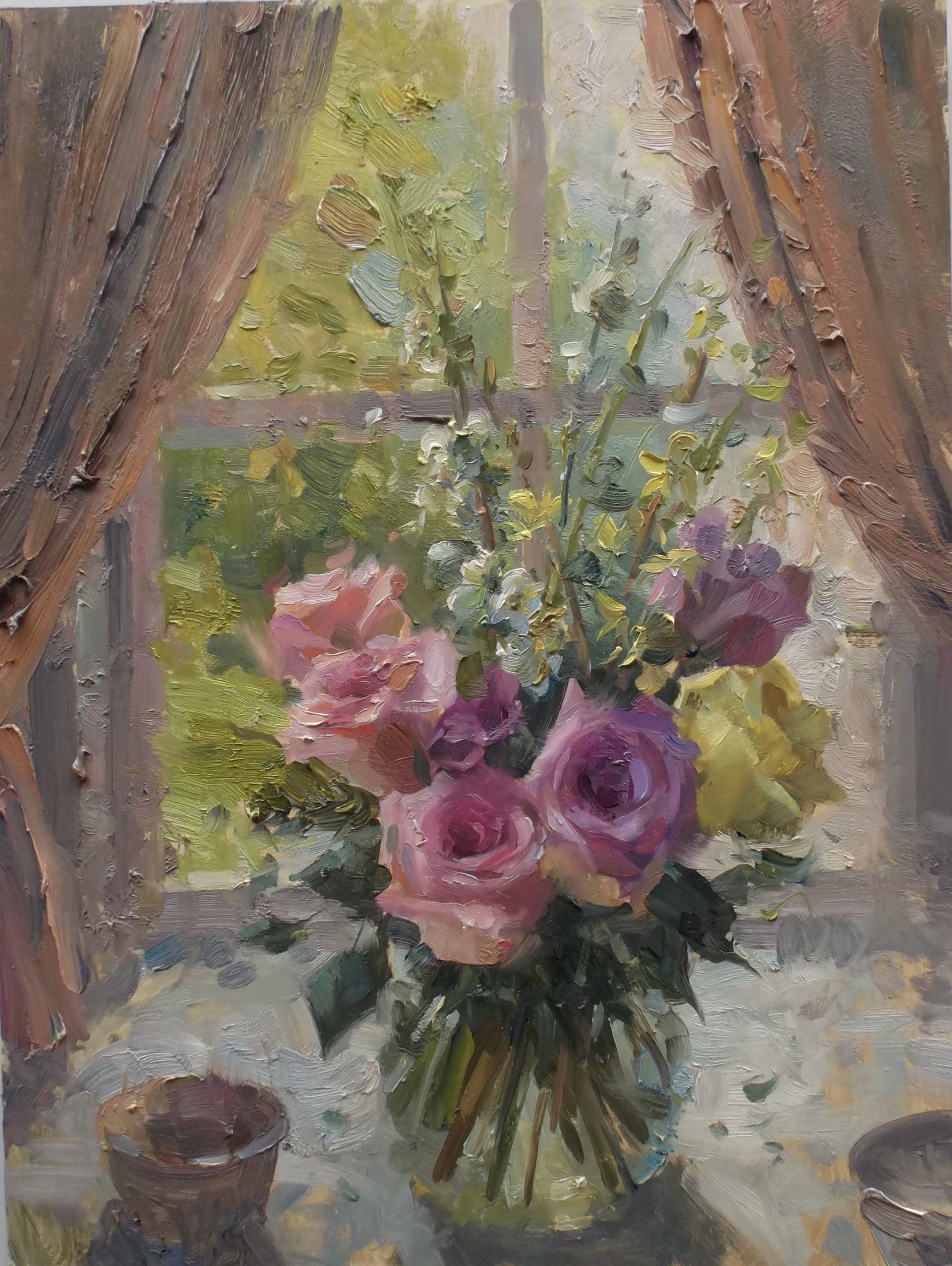 A painting of a vase of flowers in front of a window.