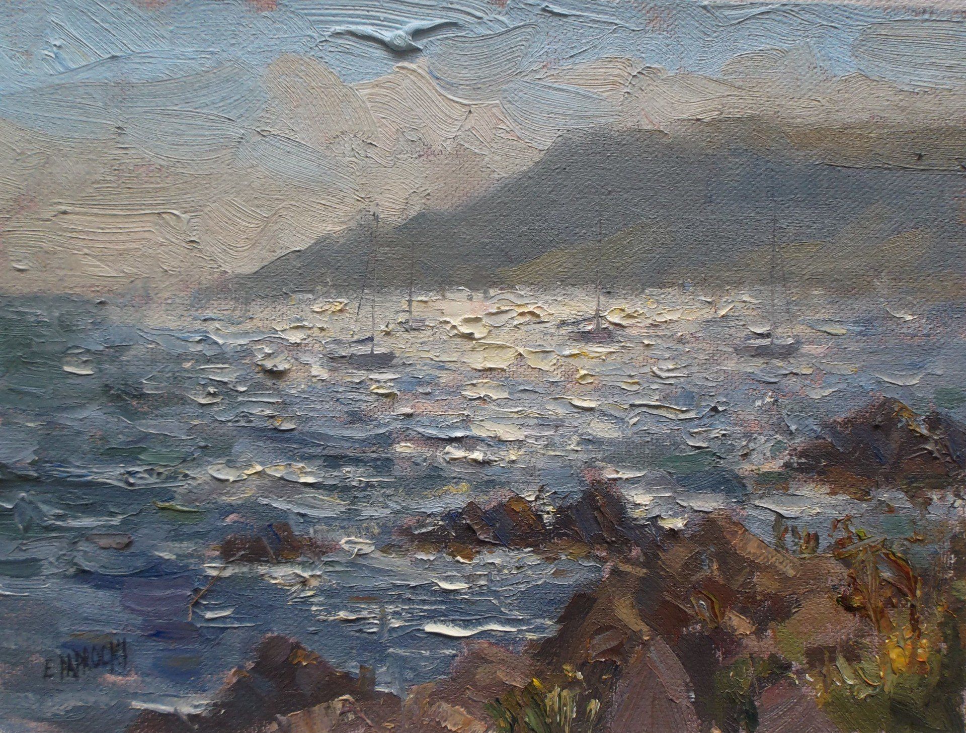 A painting of birds flying over a body of water