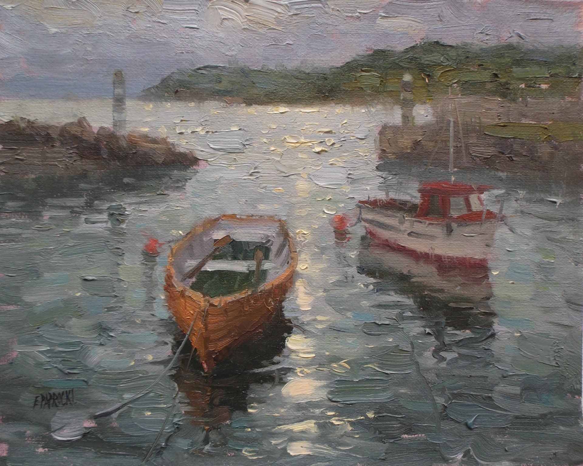 It is a painting of two boats in the water.