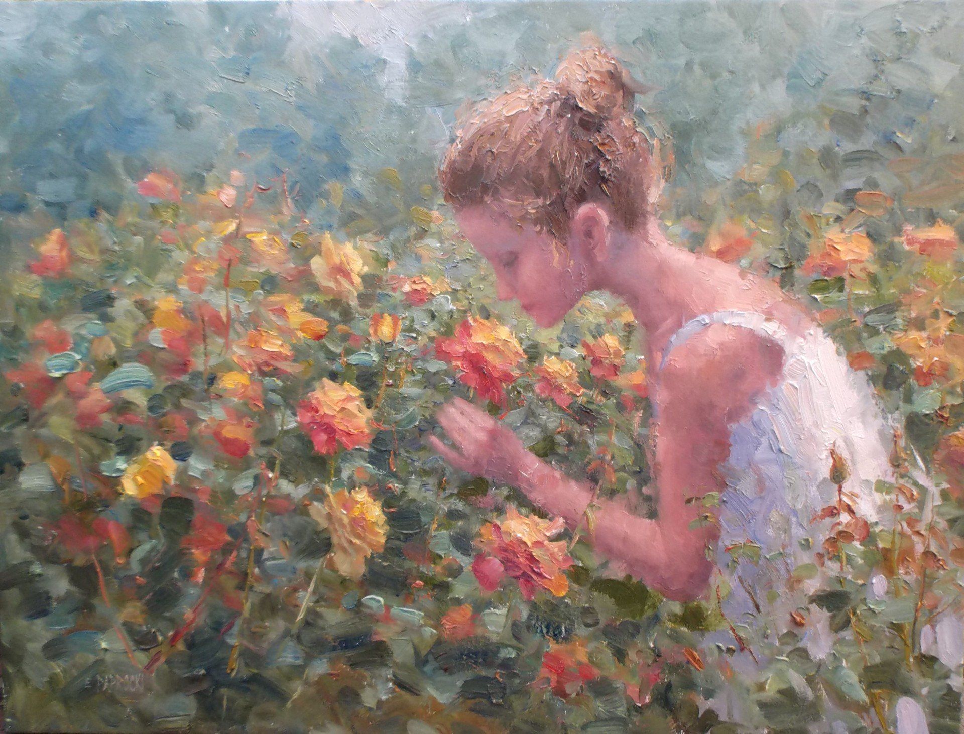 A painting of a woman smelling flowers in a field.