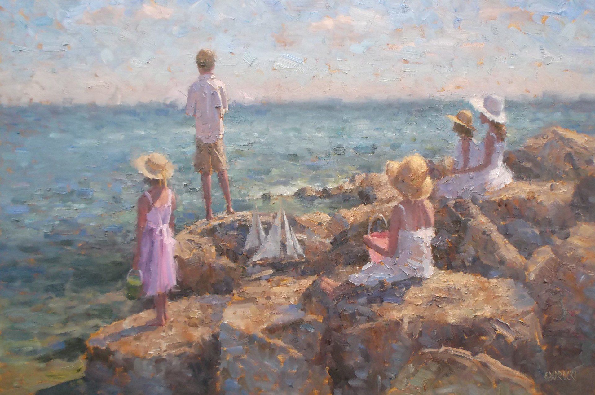 A painting of a group of people sitting on rocks near the ocean.