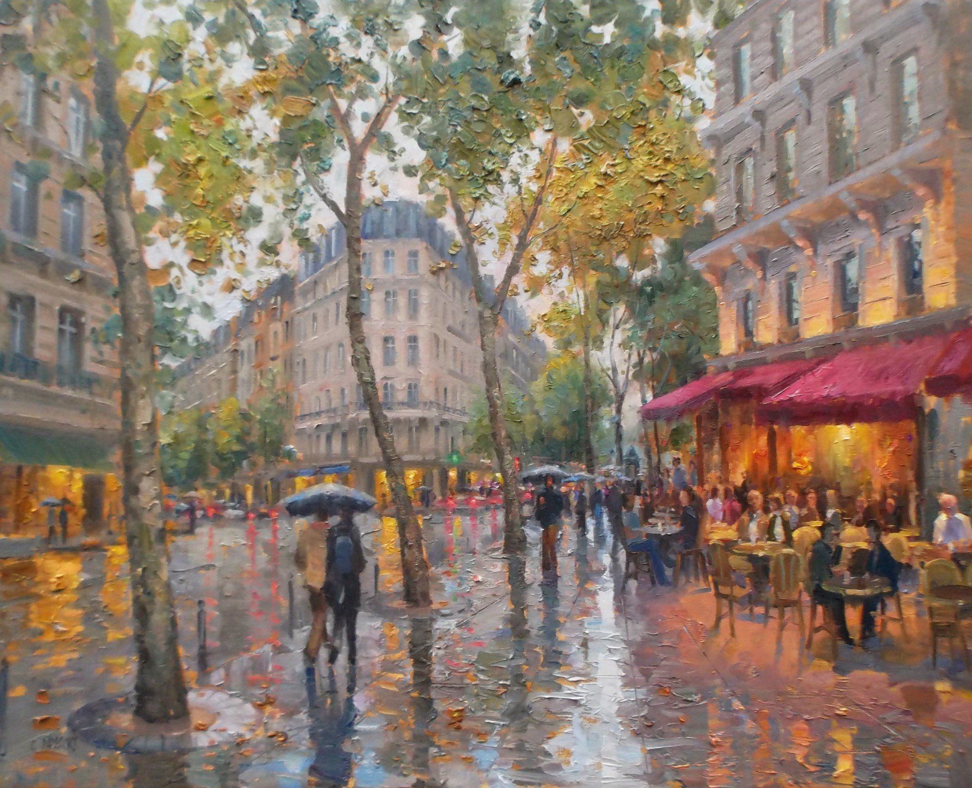 A painting of people walking down a city street in the rain with umbrellas.