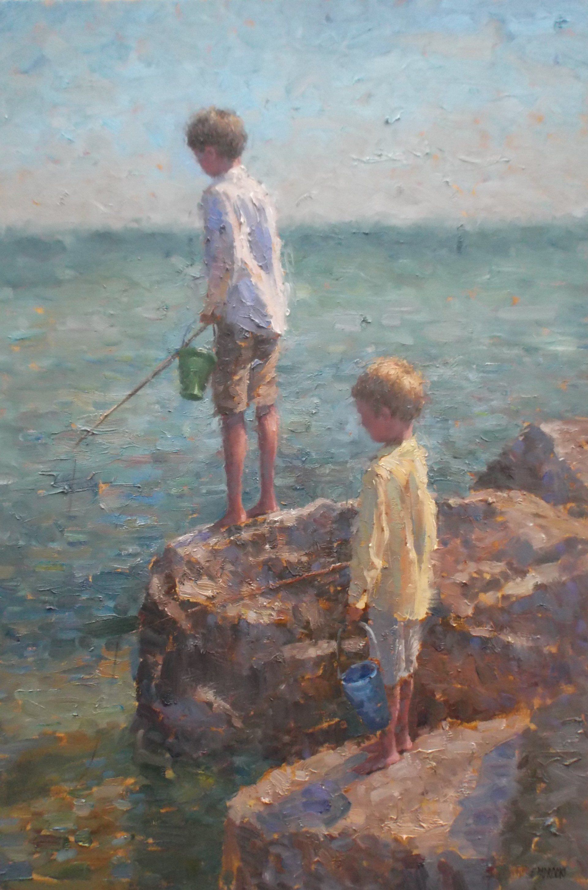 A painting of two boys standing on a rock near the ocean.
