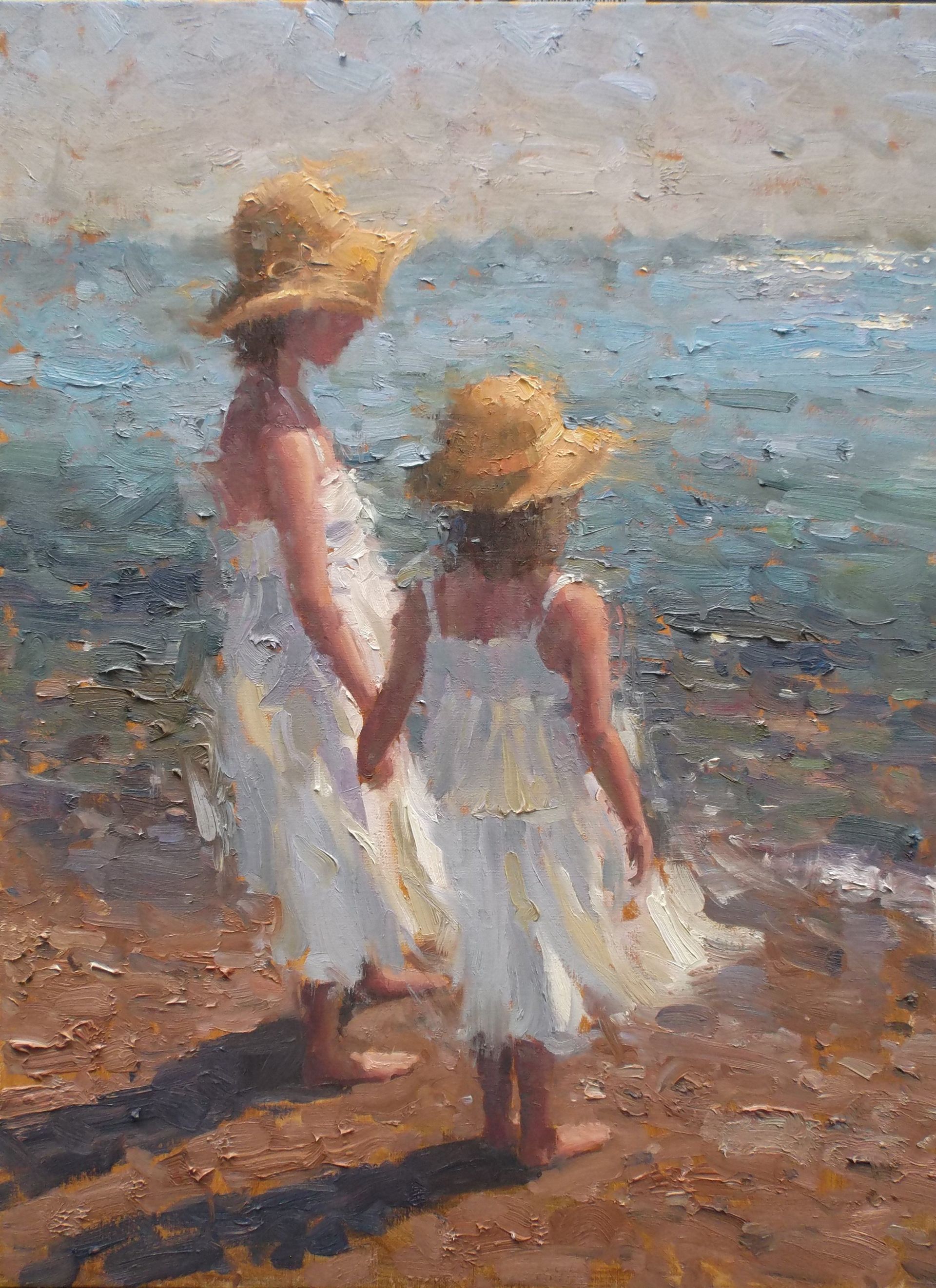 A painting of two little girls standing next to each other on the beach.