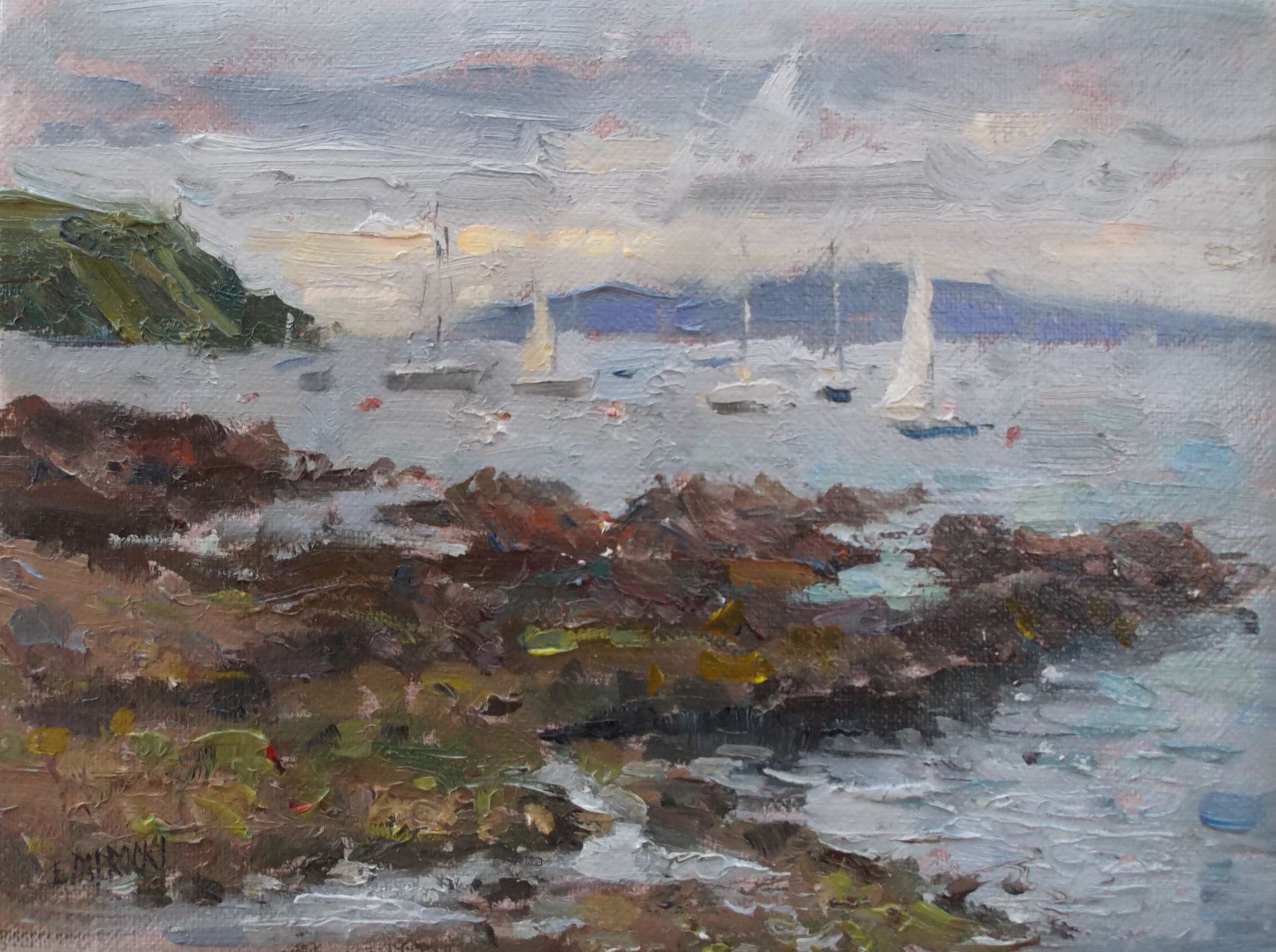 A painting of a body of water with boats in it.