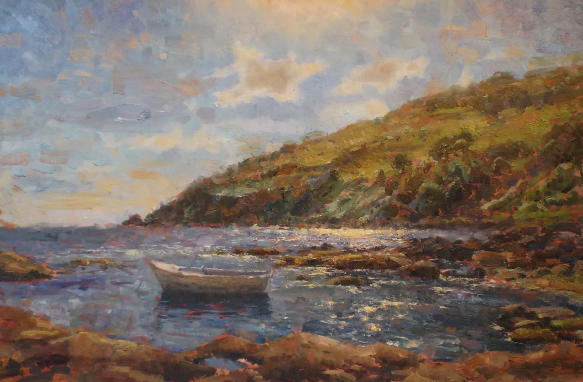 It is a painting of a boat in the water.