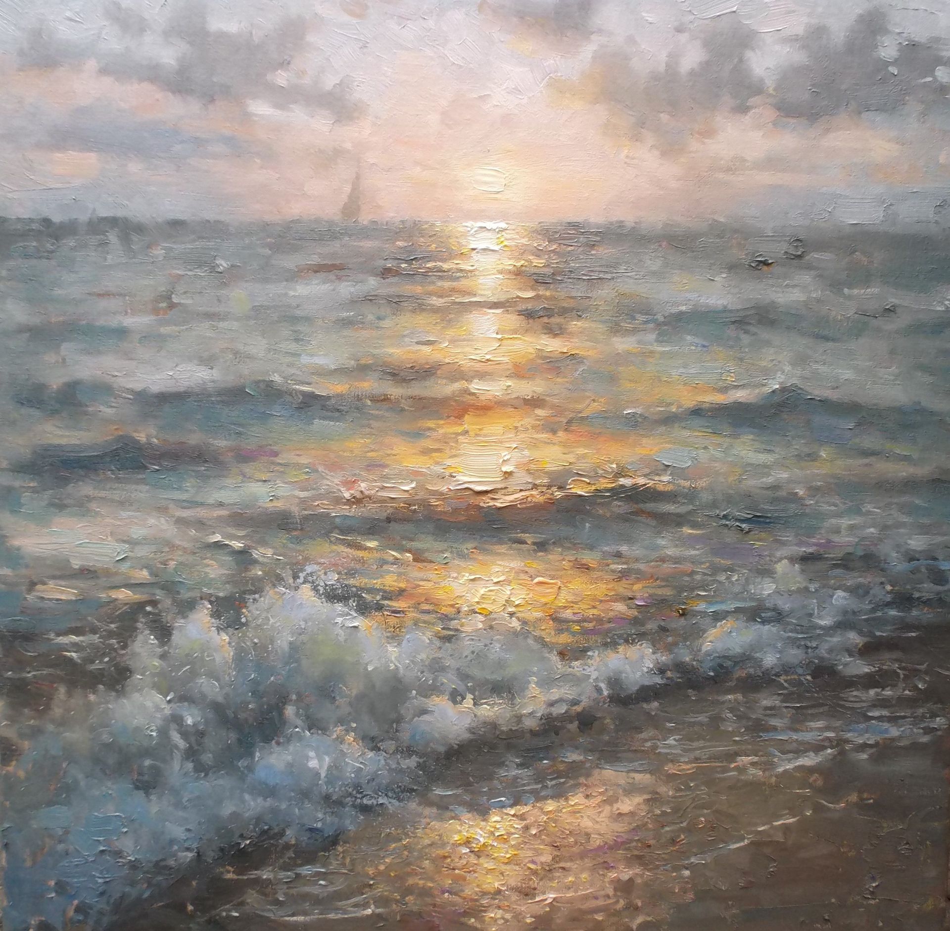 A painting of a sunset over the ocean with a sailboat in the distance