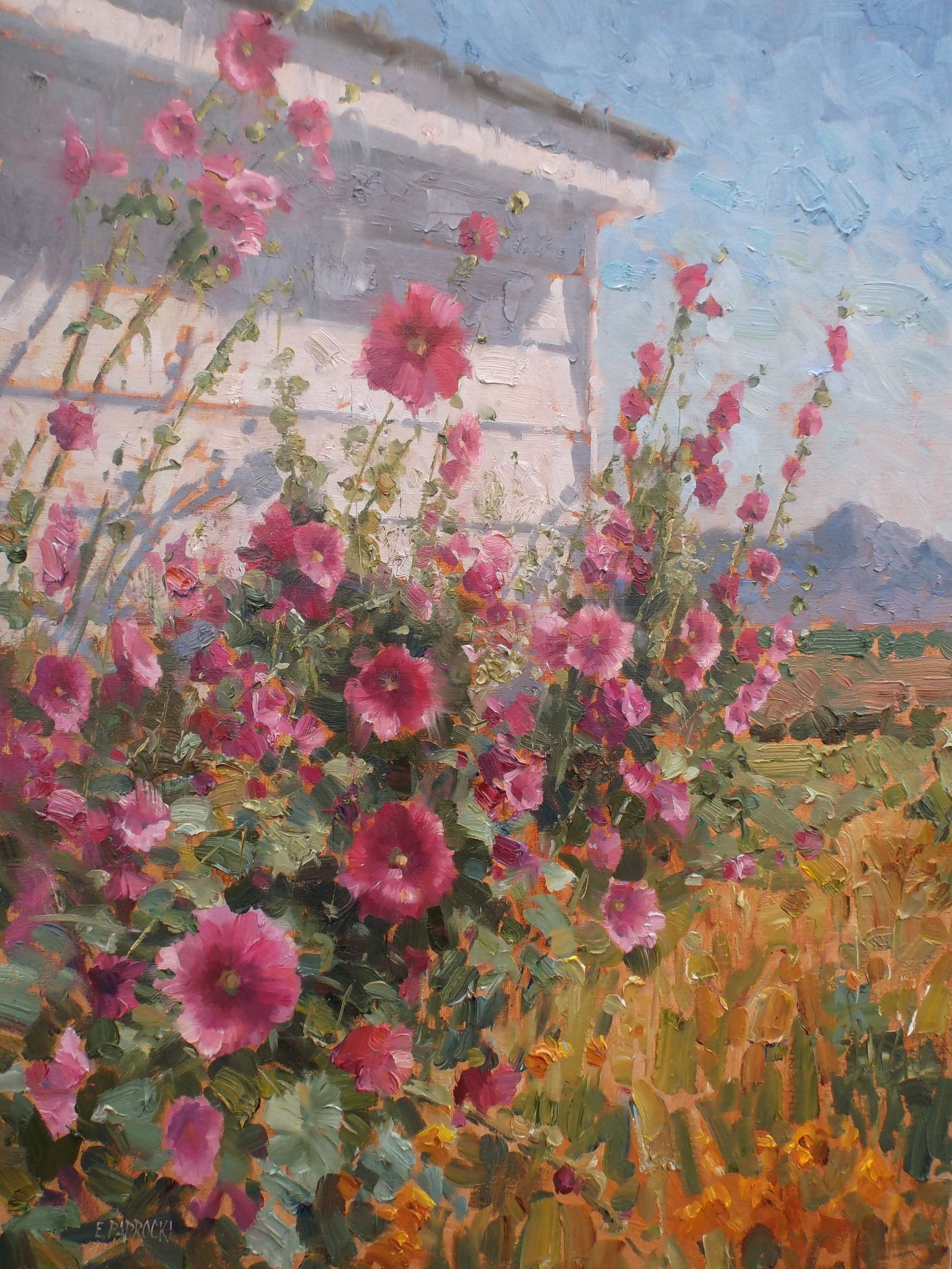 A painting of pink flowers in front of a white building.