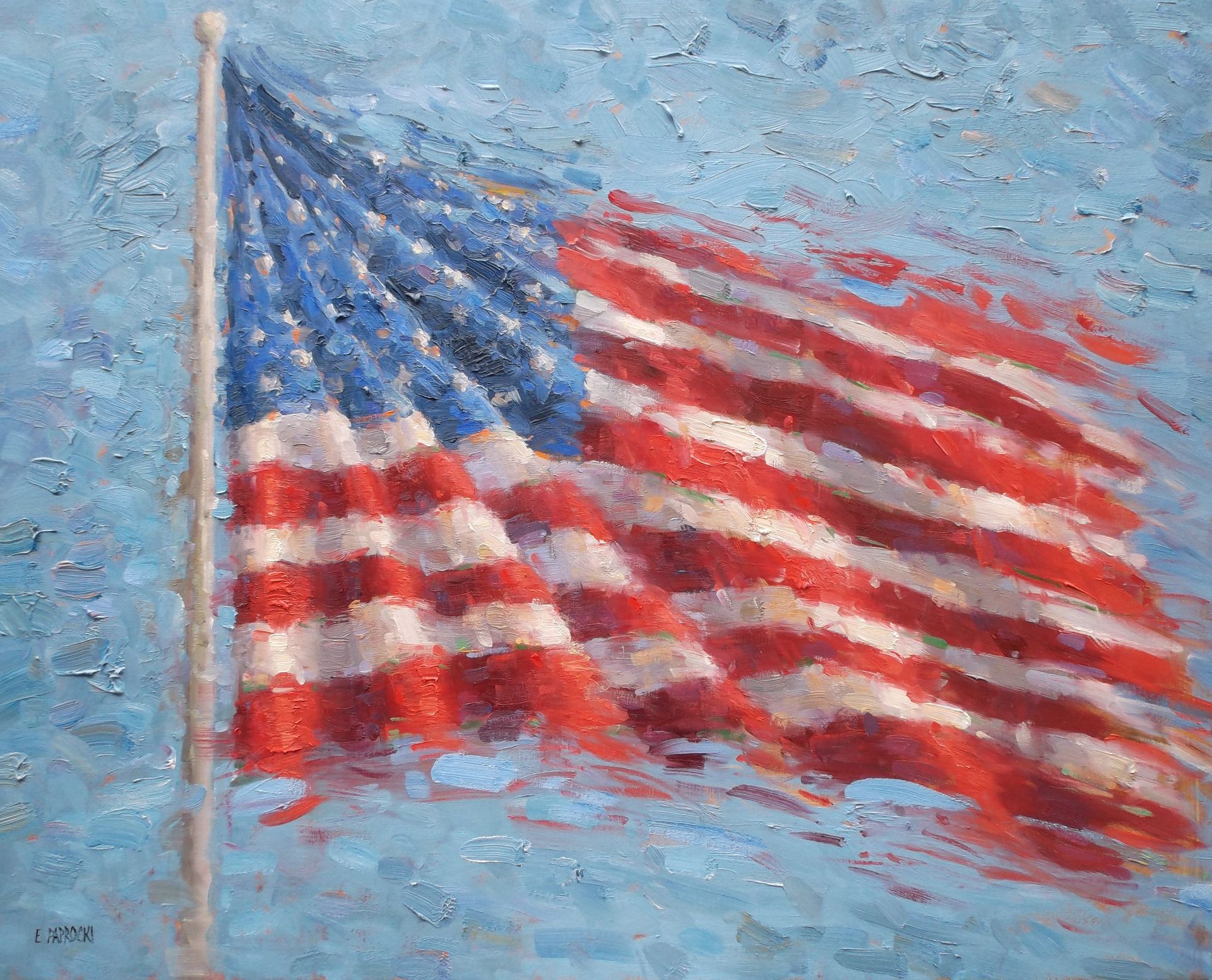 A painting of an american flag waving in the wind on a blue background.
