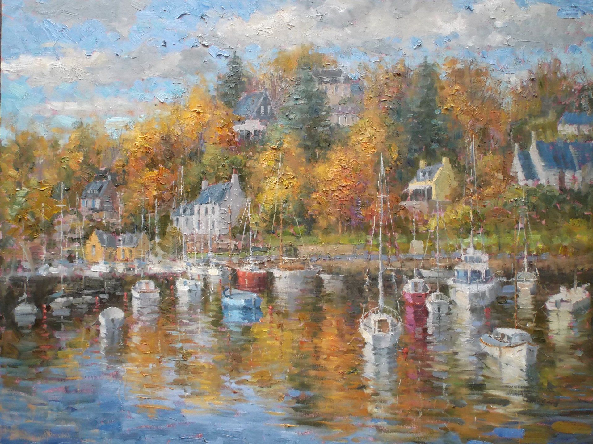 A painting of a harbor with boats and houses in the background.