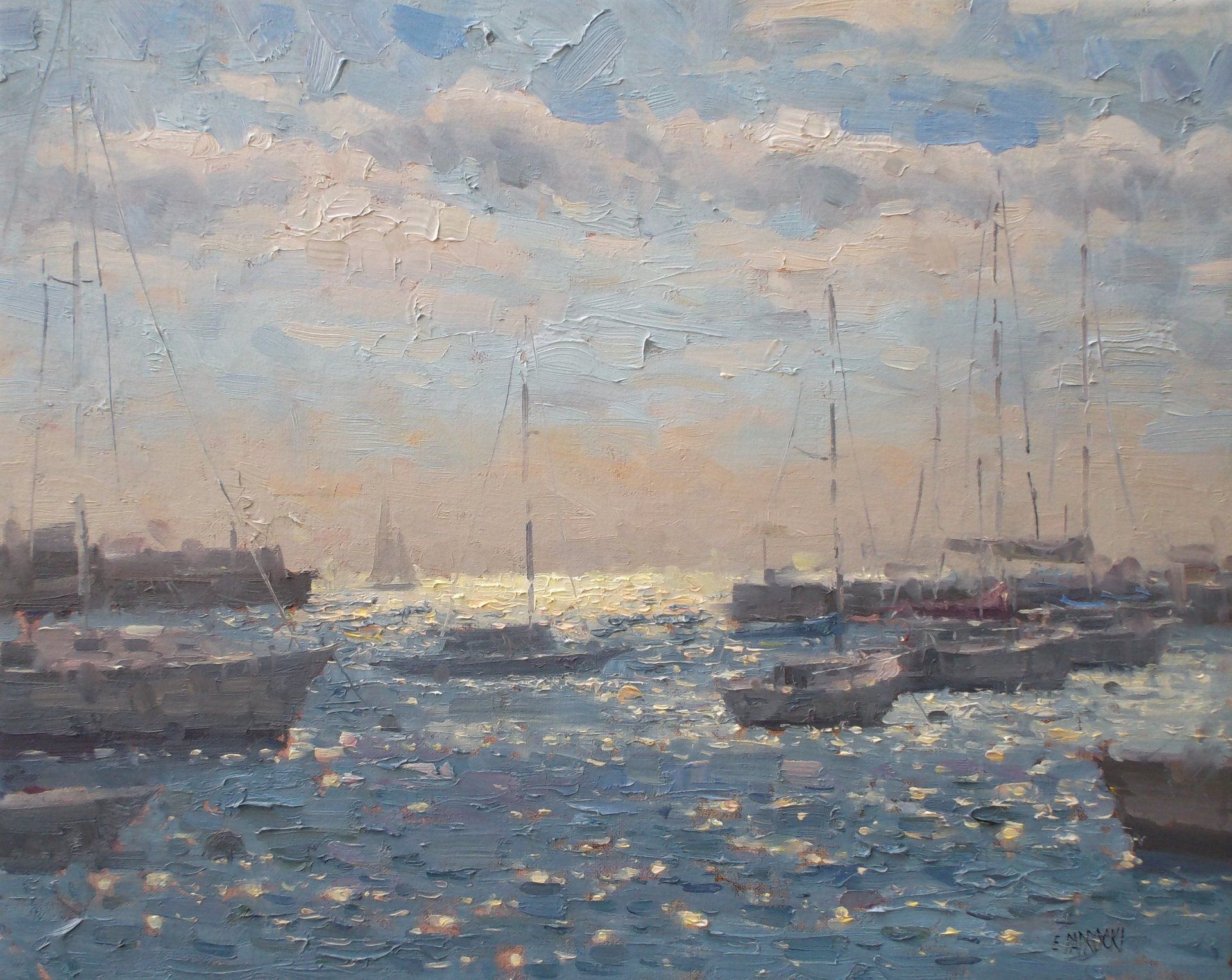 A painting of boats in a harbor at sunset