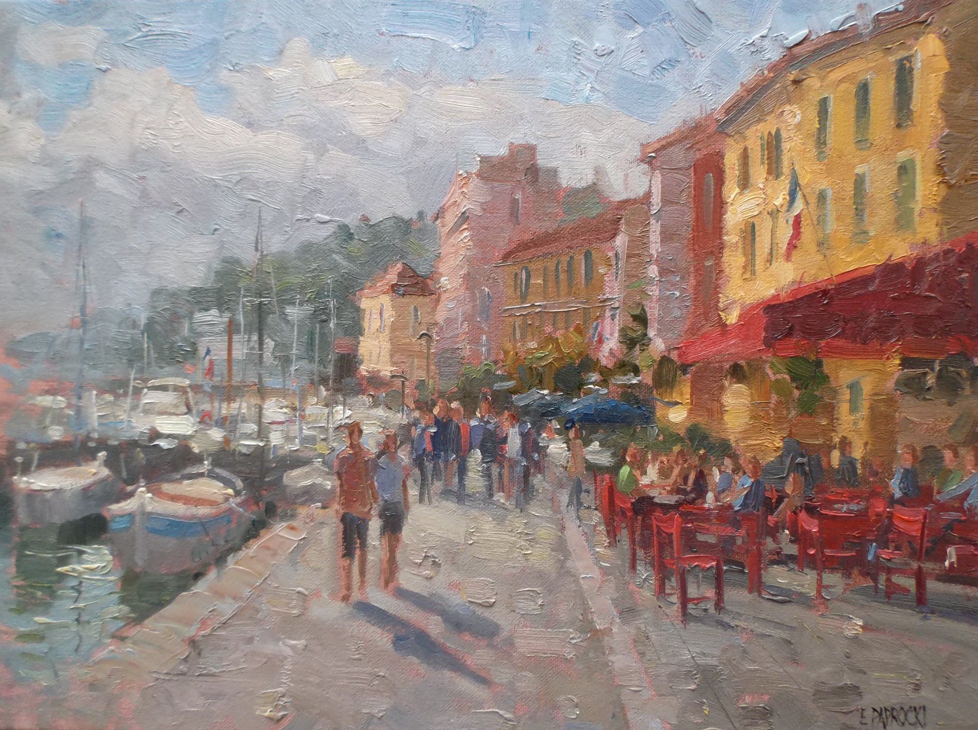 A painting of people walking down a street next to a harbor.