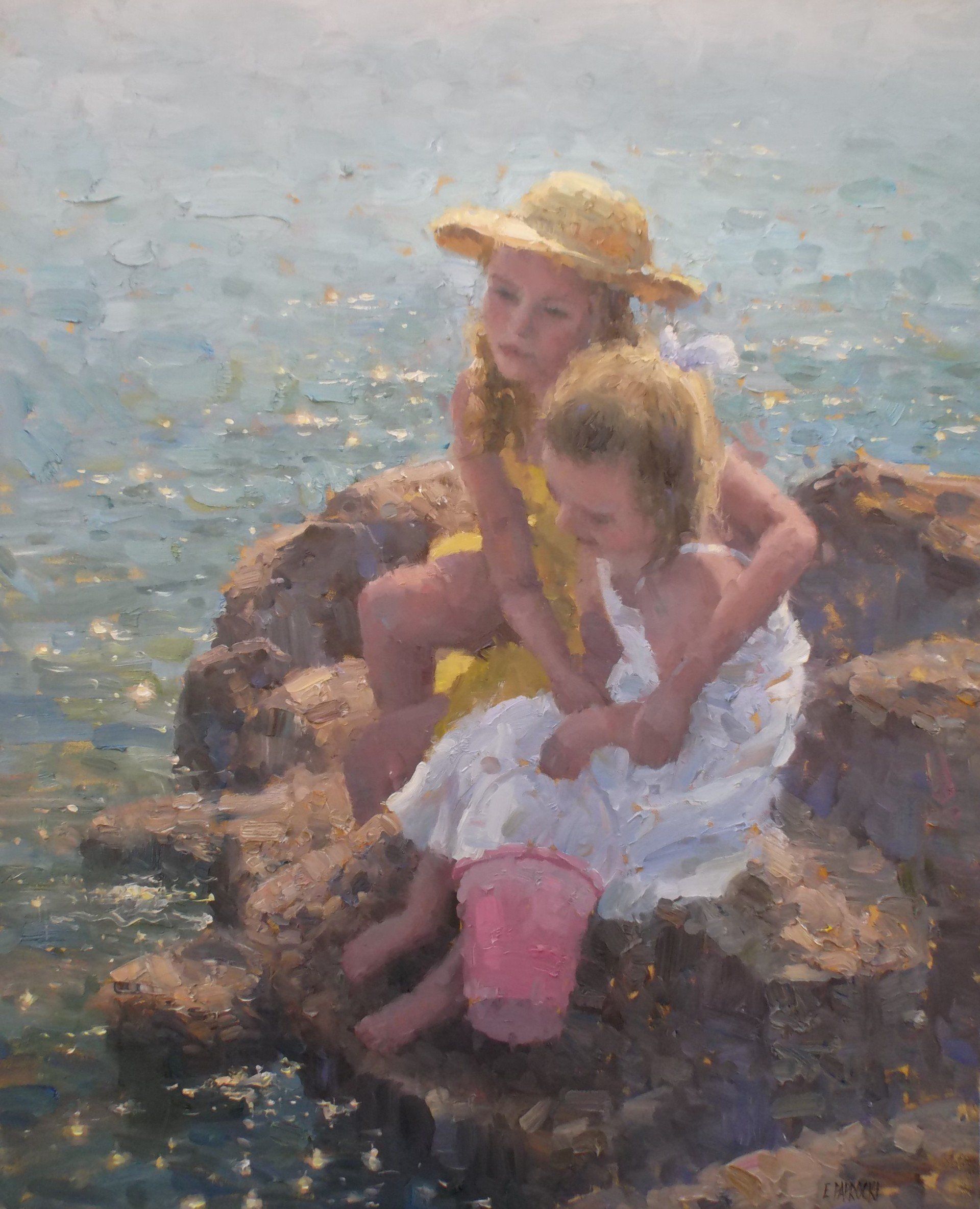 A painting of two little girls sitting on rocks near the ocean.