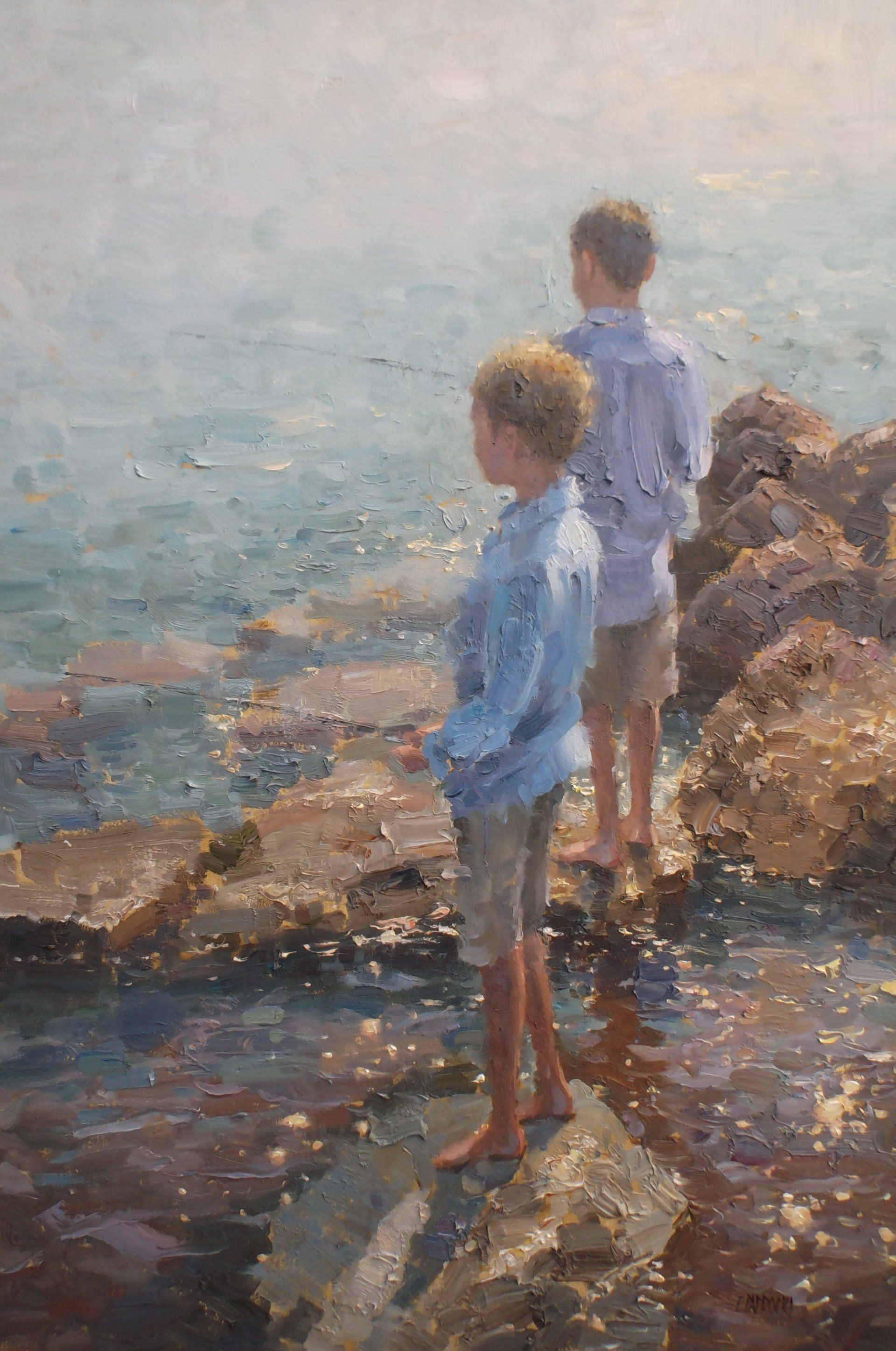 A painting of two boys standing on rocks near the ocean.