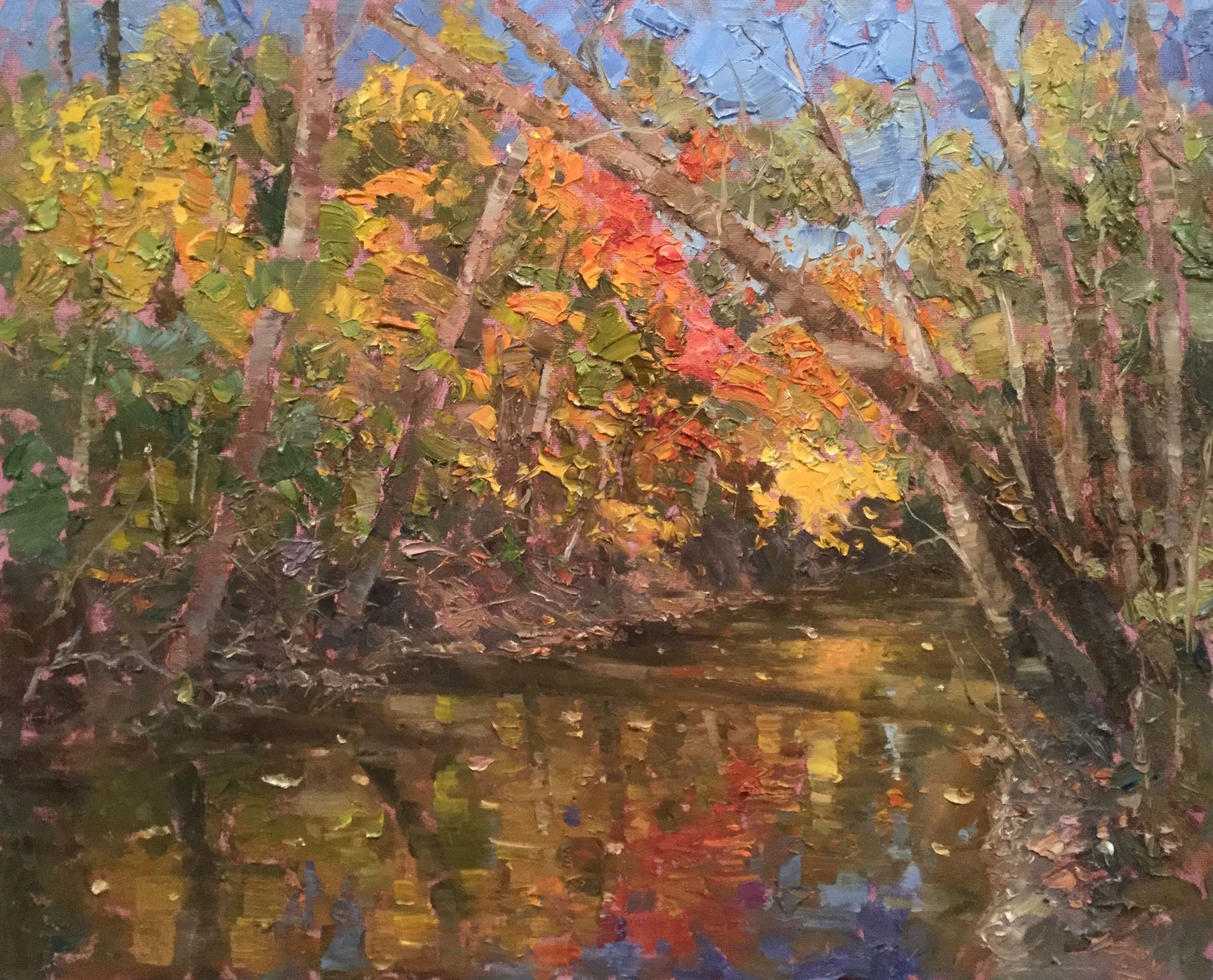 A painting of a river surrounded by trees with autumn leaves reflected in the water.