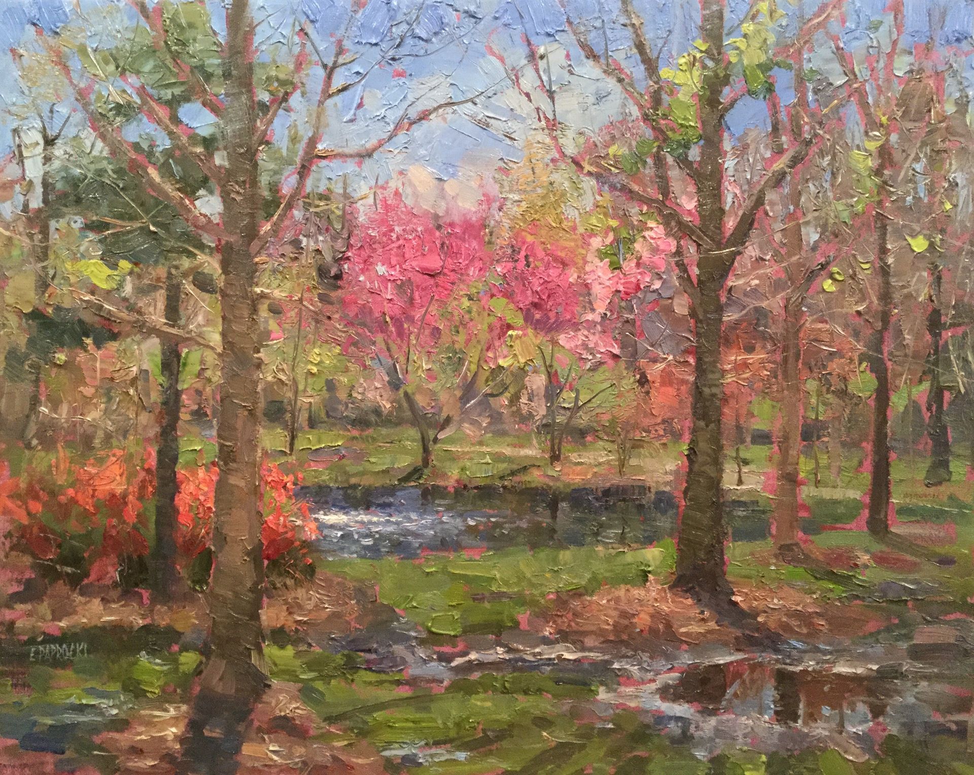 It is a painting of a park with trees and a pond.
