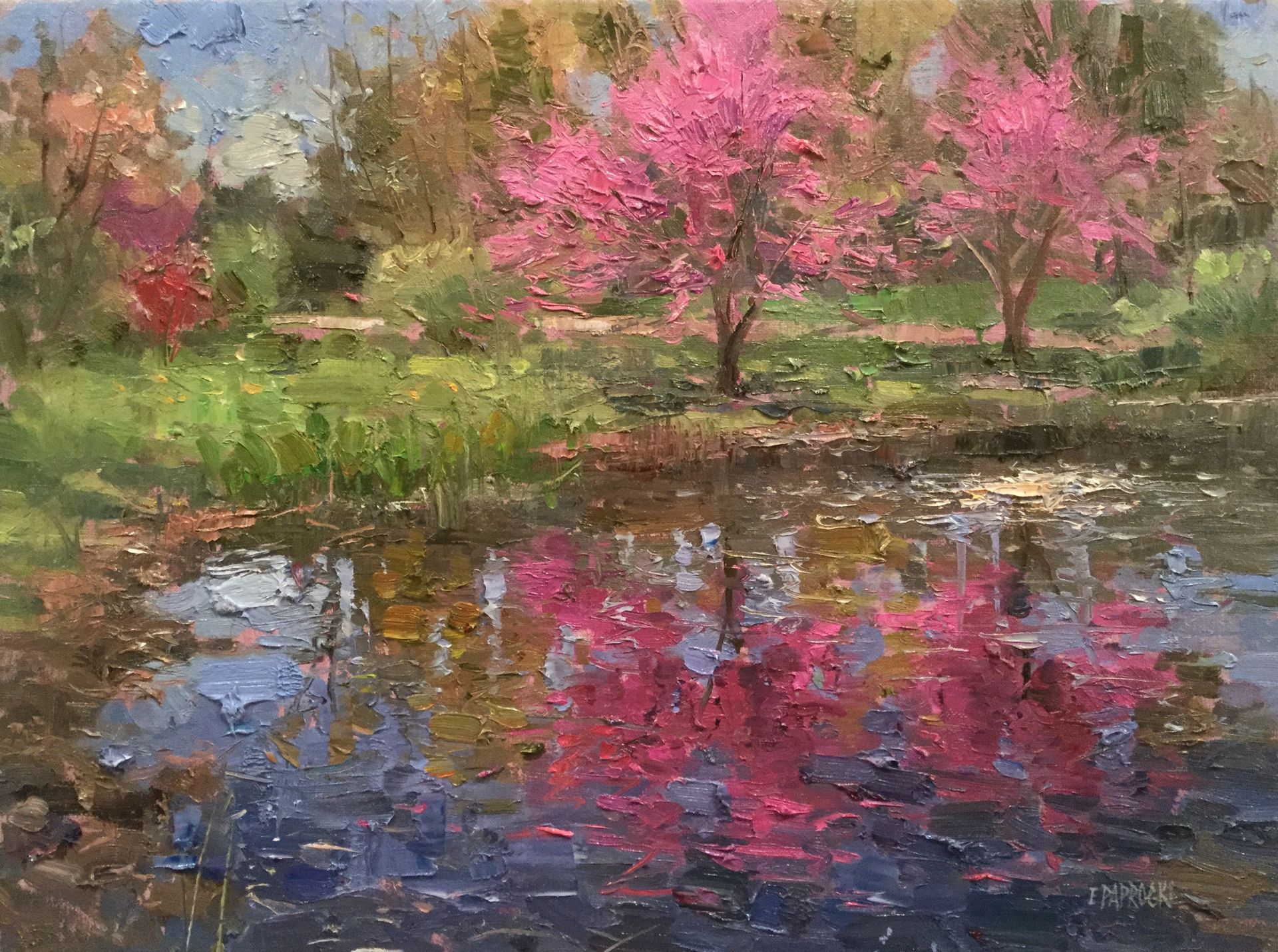 It is a painting of a pond with pink trees in the background.
