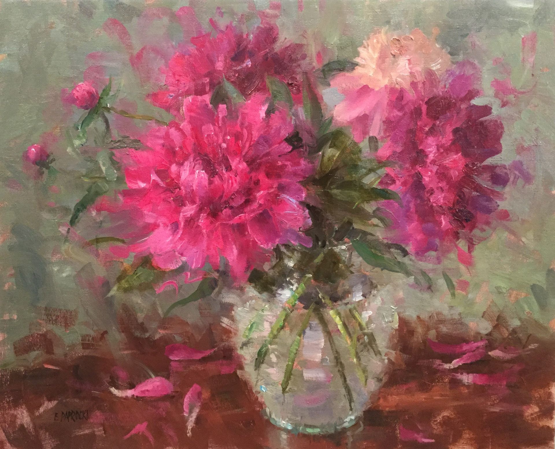 A painting of pink flowers in a vase on a table