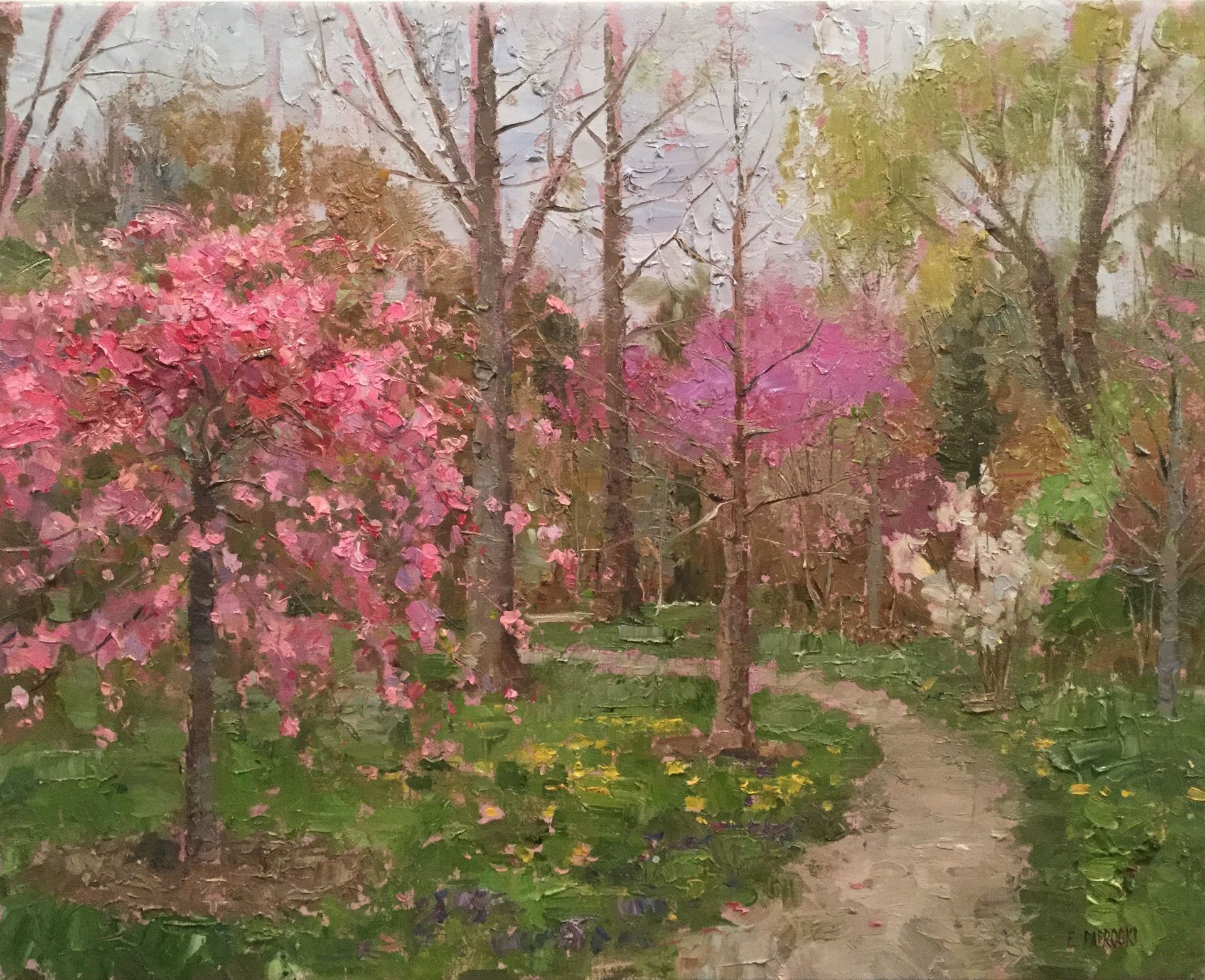 A painting of a path through a forest with pink flowers