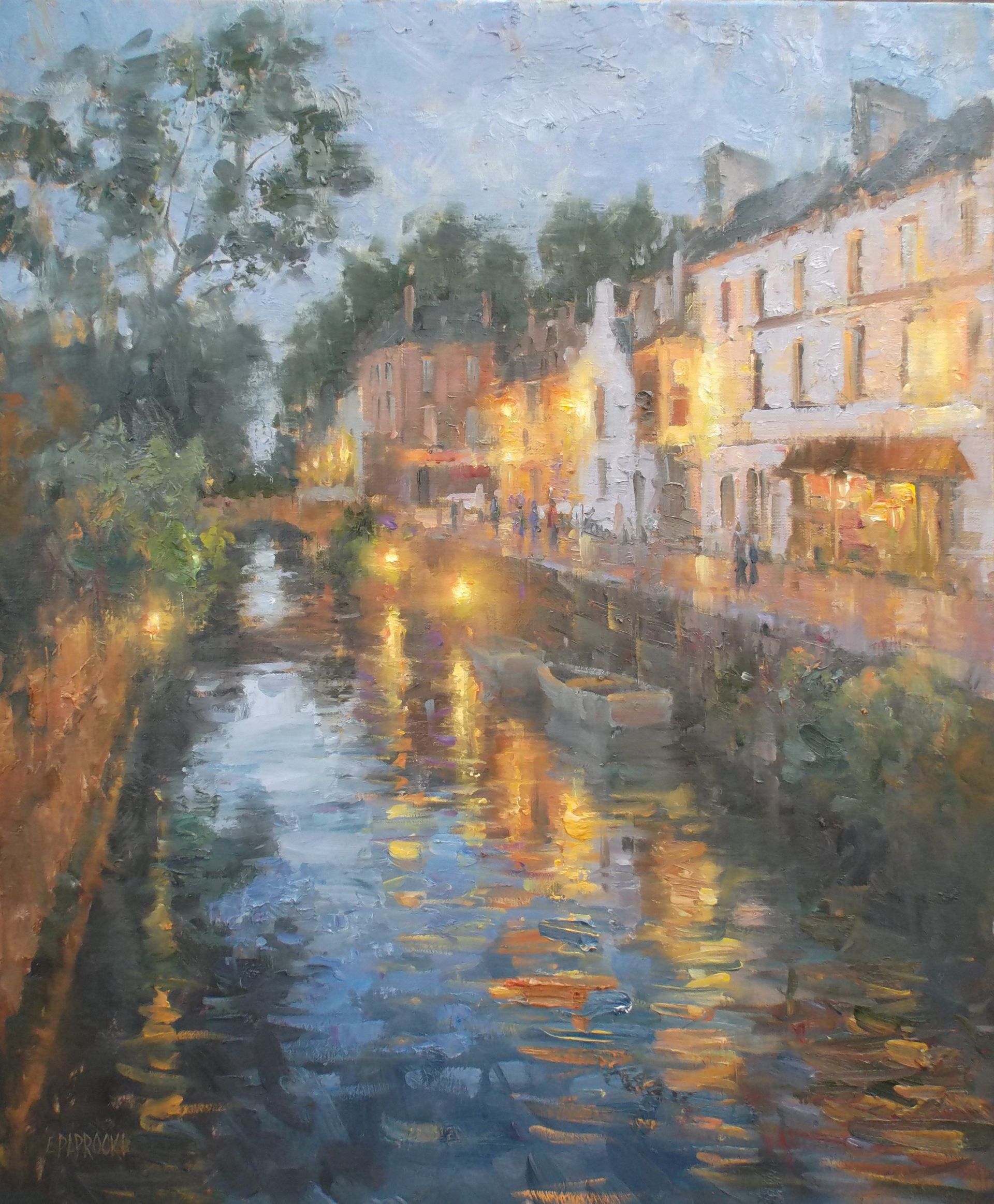 It is a painting of a river with buildings on the side of it.
