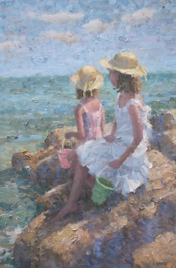 A painting of two little girls sitting on rocks near the ocean.