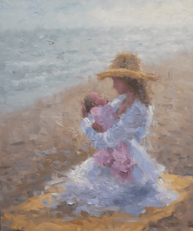 A painting of a woman holding a baby on the beach.