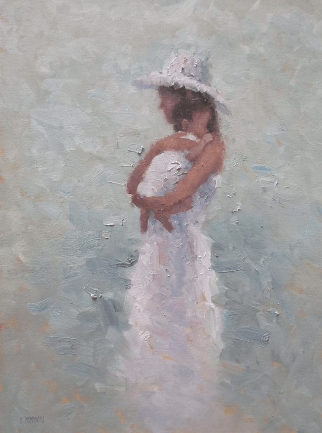 A woman in a white dress is holding a baby in her arms in a painting.
