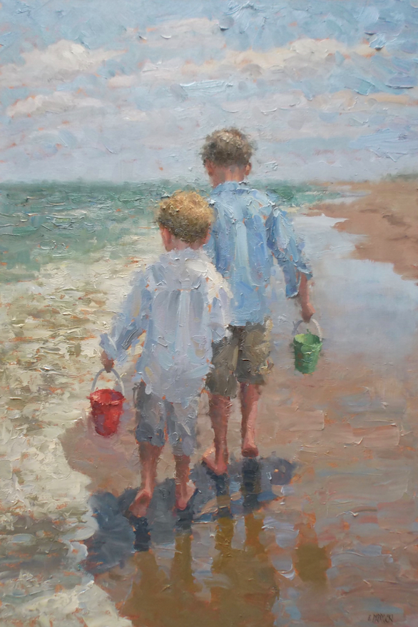 It is a painting of two boys walking on the beach.