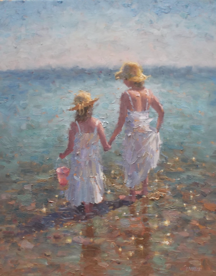 A painting of two little girls walking on the beach holding hands.