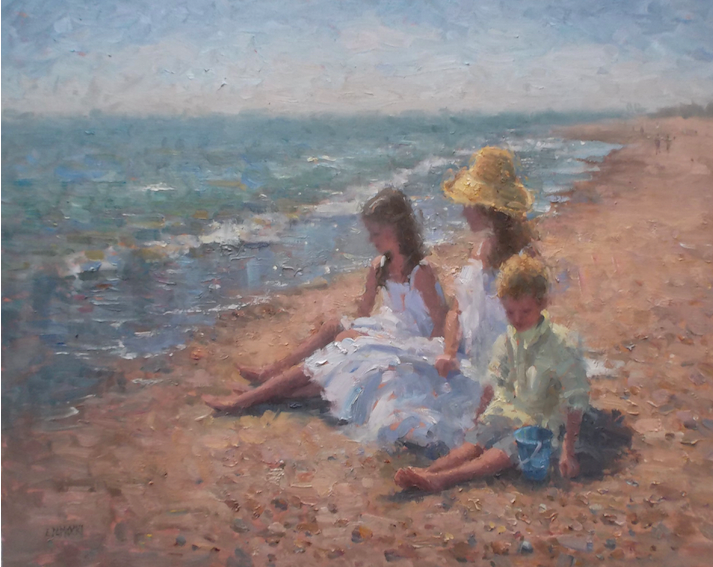 A painting of three children sitting on the beach looking at the ocean.