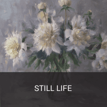 A painting of white flowers in a vase with the words still life below it
