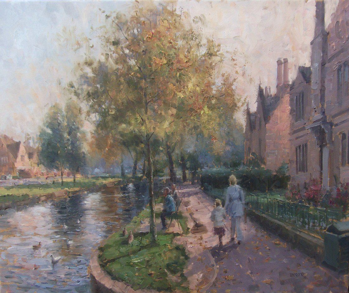 A painting of people walking down a path next to a river