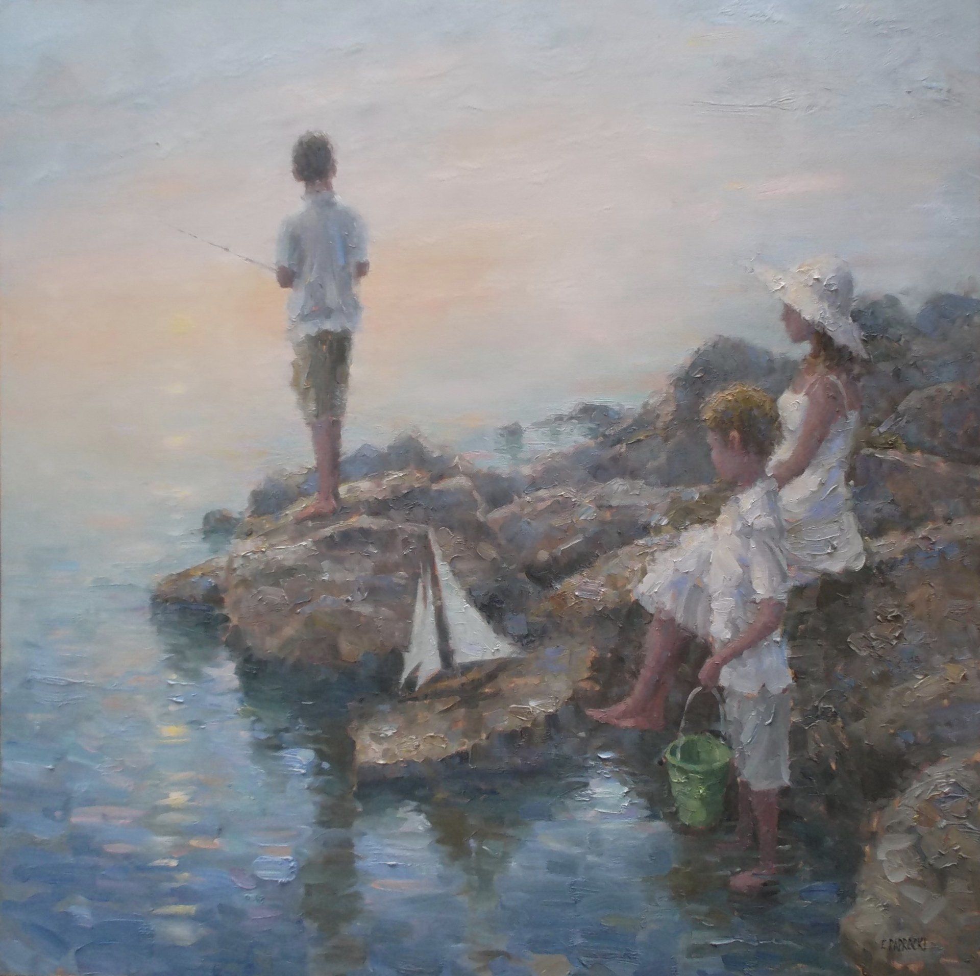 A painting of a boy fishing and a girl sitting on rocks near the water