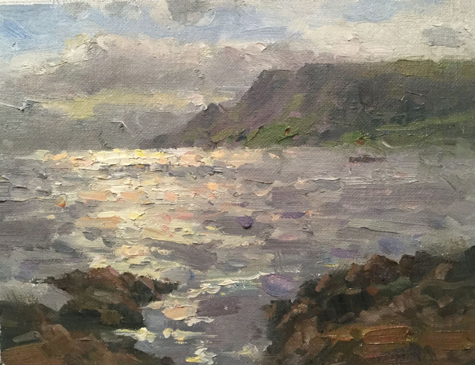 A painting of a body of water with mountains in the background