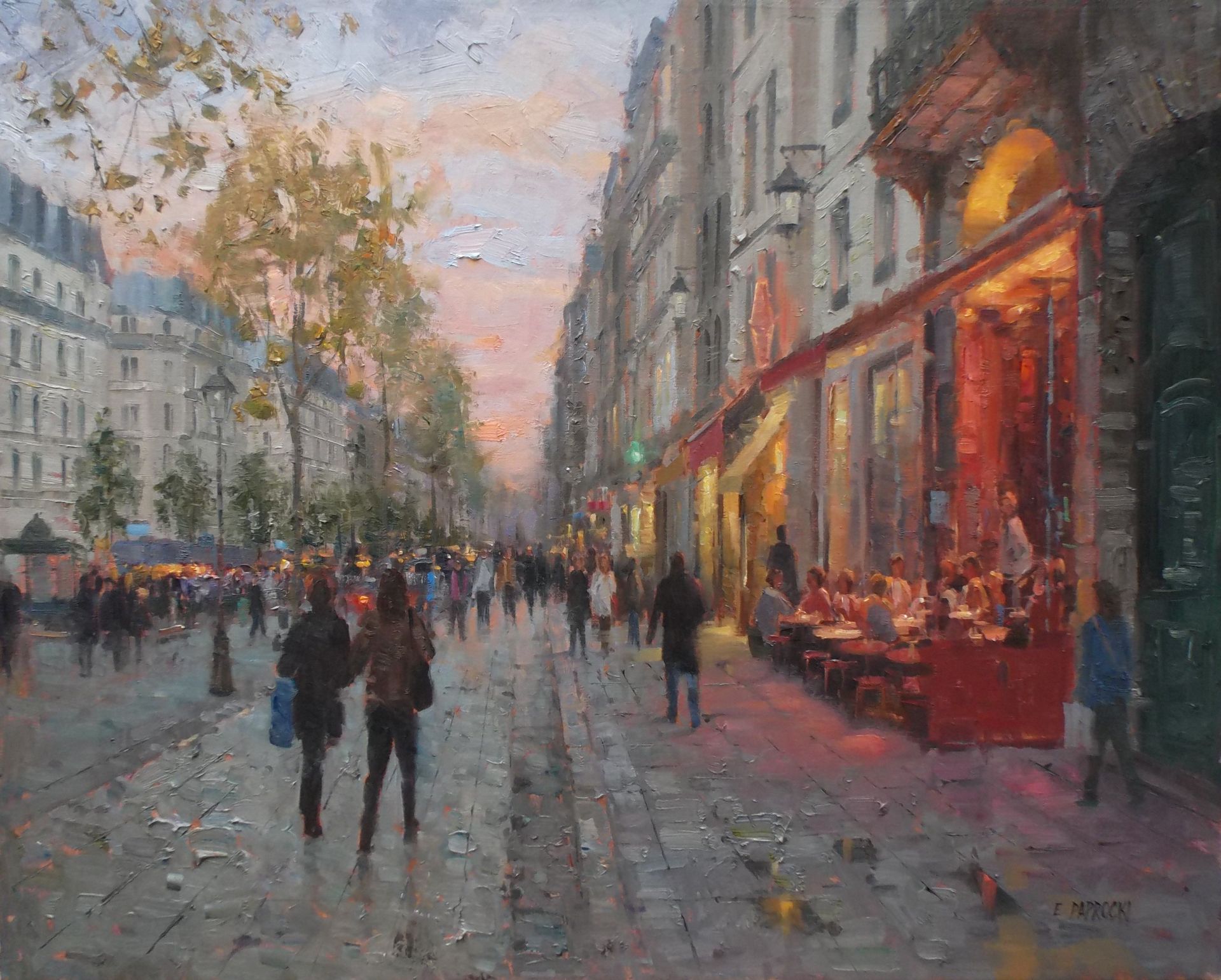 A painting of people walking down a city street at sunset.