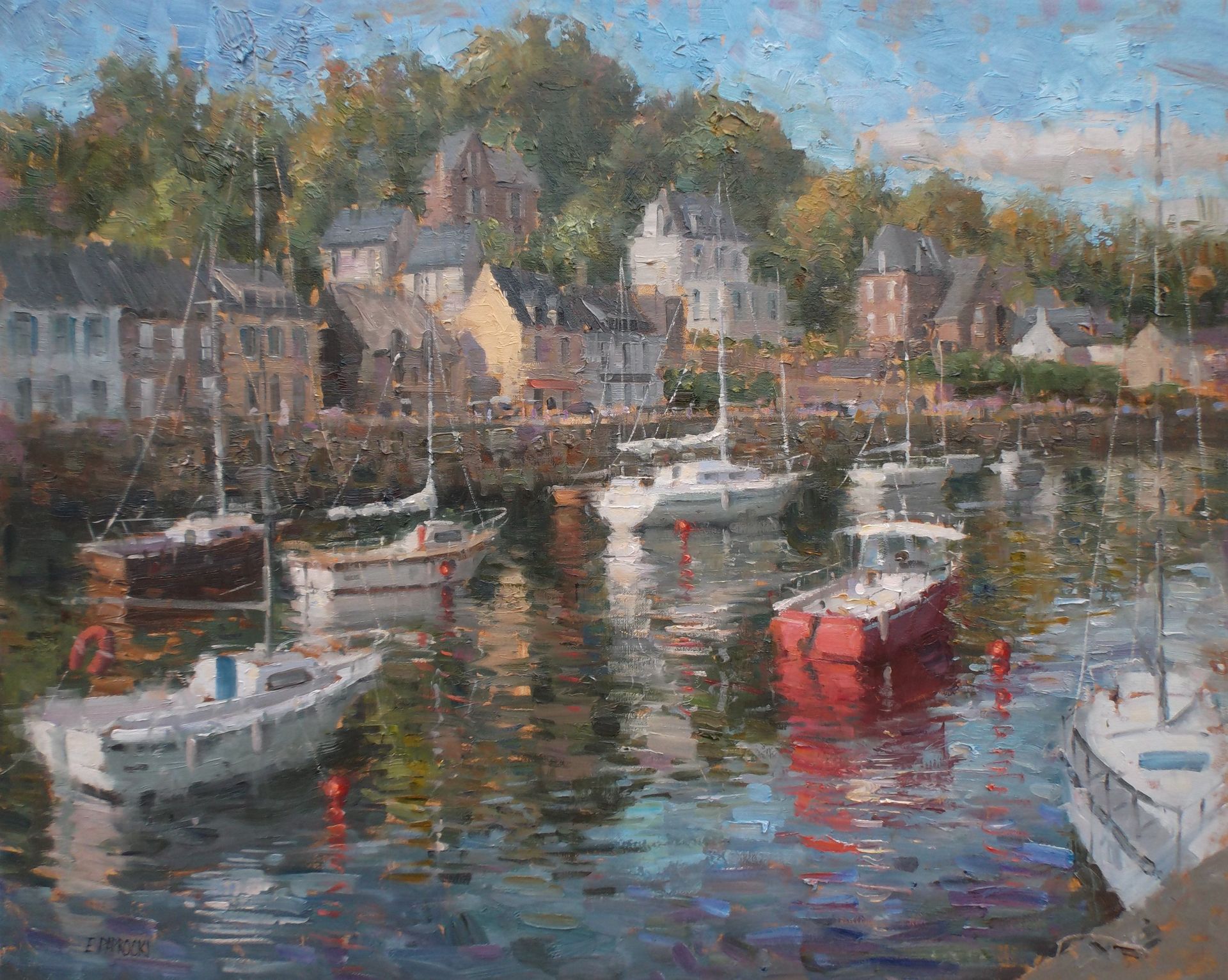 A painting of boats in a harbor with buildings in the background.
