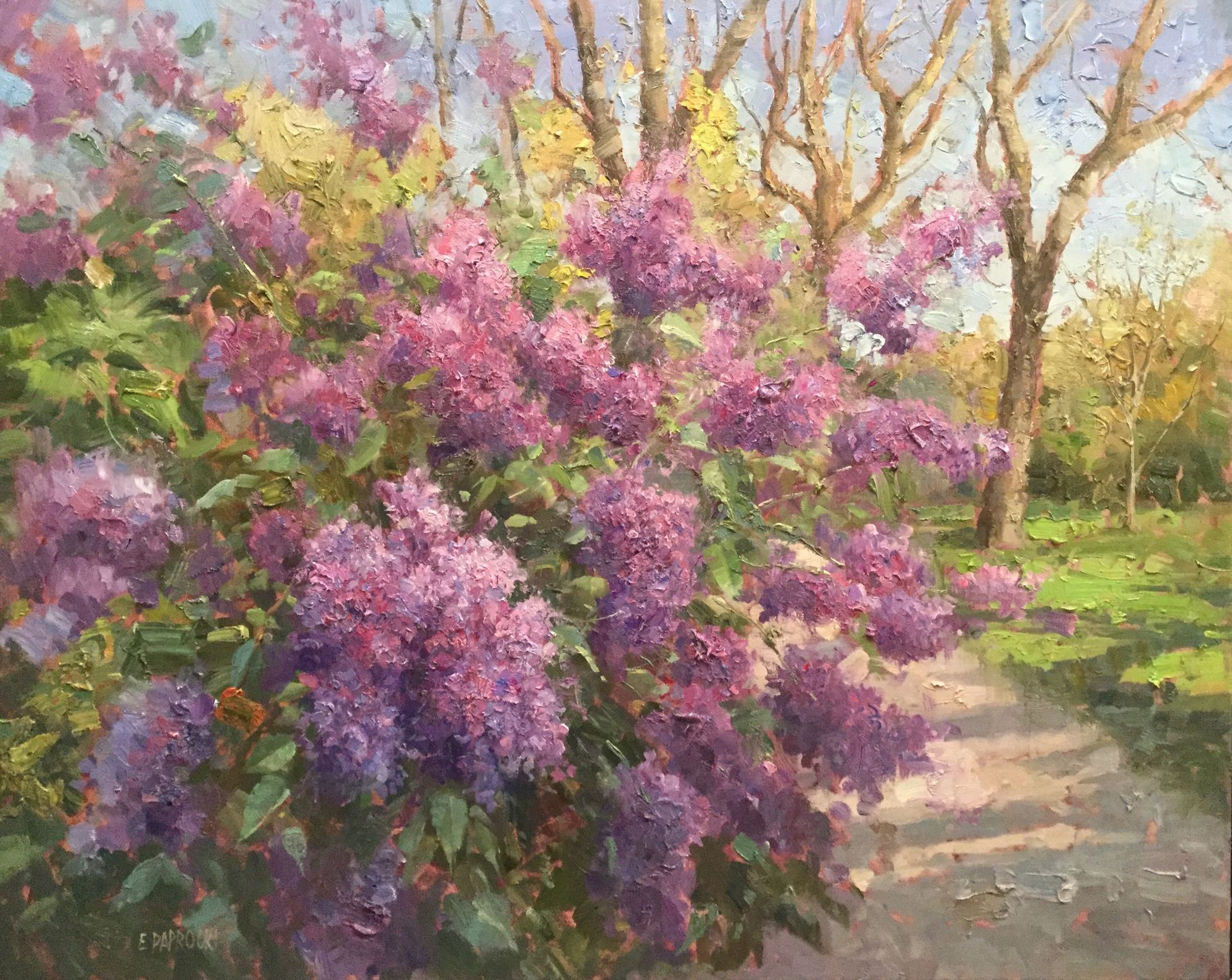 A painting of a bush with purple flowers and trees in the background.