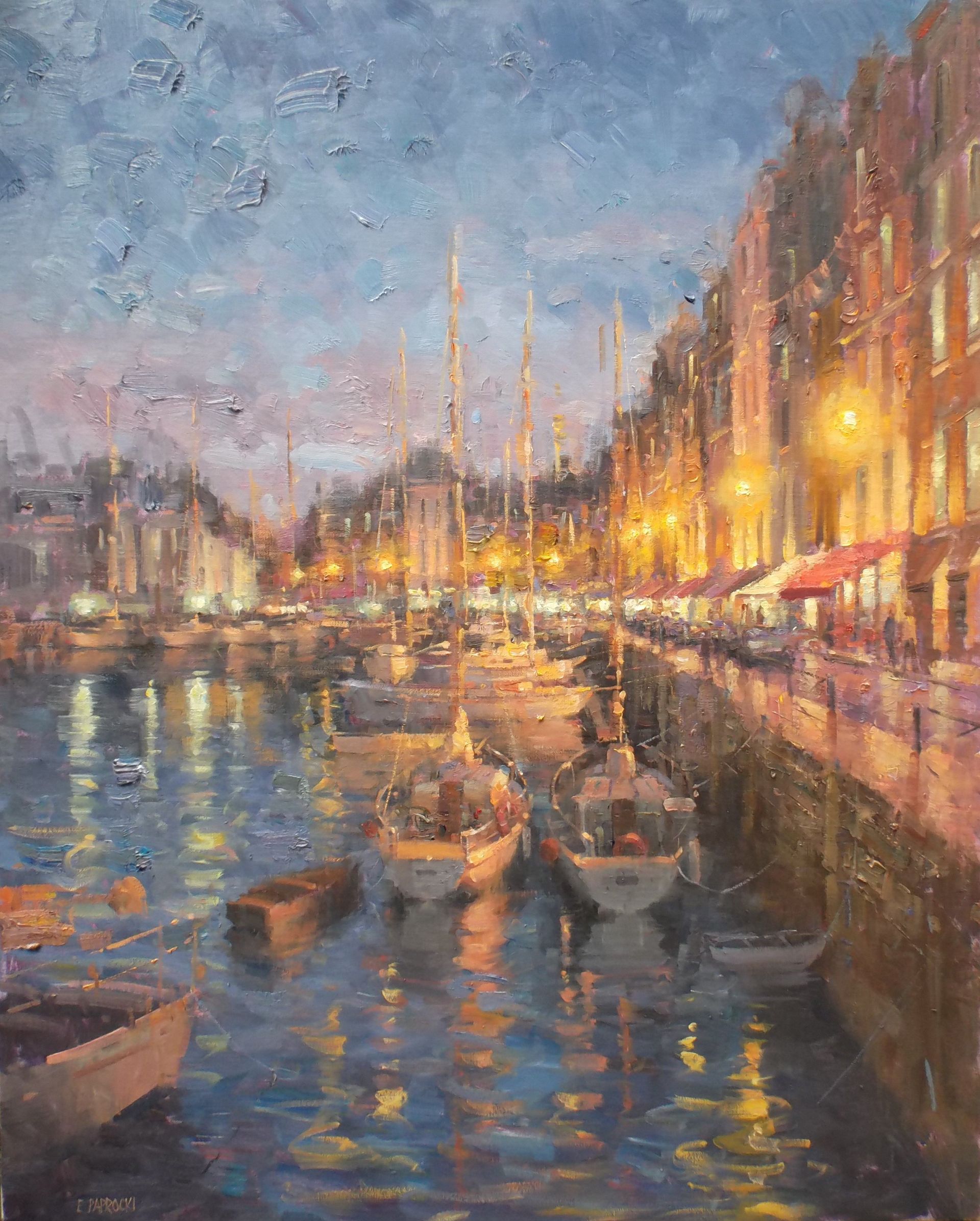 A painting of boats in a harbor at night with buildings in the background.