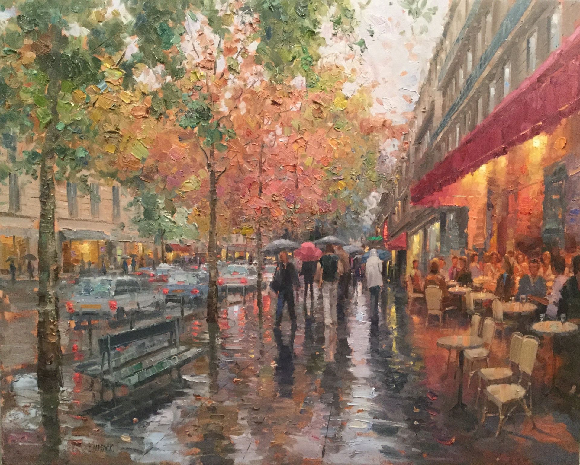 A painting of people walking down a city street in the rain.