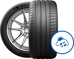 Black performance tire with silver alloy wheel and blue rain icon